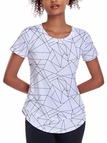 Deaviya Women's Sports T-Shirt Gym Tops, Short Sleeve Workout Casual Running Tops, Ladies Gym Yoga Sports Top, Crew Neck Fitness T-Shirts for Women, Loose Side Split Tee,Print Black L