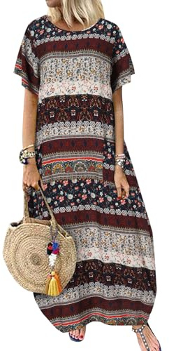 ZANZEA Maxi Dresses for Women Short Sleeve Crew Neck Floral Summer Casual Dresses A Line Loose Oversized Boho Dress with Pockets Floral Print Navy XXL