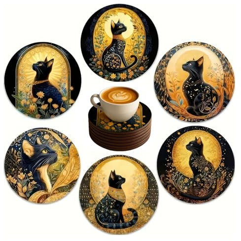 ZWWOGE 6PCS Sous-verres Sur le Thème des Chats, Sous-verres en bois pour le café, Enfant Activité Manuelle Adulte, sous-Verres Art, Peut être utilisé comme peinture au diamant