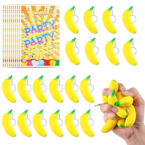 Anboor 20 PCs Banane Squishies Spielzeug mit Schlüsselanhagen und 10 Partybeutel, Dehnbare Bananen -Zappelspielzeug für Stressabbau, Mini -Squeeze -Party -Gefälligkeiten für Erwachsene von Kindern