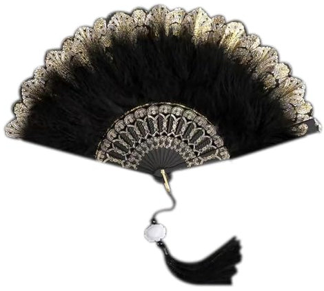 Vintage Lace Tassel Hand Fan, Feather Folding Fan, Black/White for fancy dress parties and proms! (Black-plume)