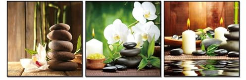 BERLIG Glasbilder Set 3-teilig 30x30 cm – Sicherheitsglas Wandbilder – Strahlende Farben – 4 Motive: Strand, Sonnenuntergang, Kaffee, Spa – Splittersicher – Inkl. Geschenkbox