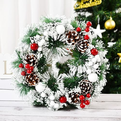 LATERN 30CM Corona Navideña, Guirnalda Navideña Artificial para Puerta Corona Navideña de Pino con Piñas Frutos Rojos Nieve Copos Nieve Bolas para Puerta Pared Chimenea Ventana Navidad Decoración