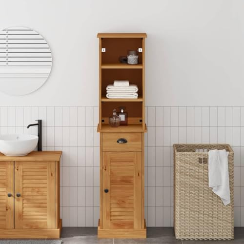 Owoxanthellate Badezimmermöbel Set VIGO 2-TLG 37x34x150 cm Braun Honigbraun Massivholz Fichte Regal mit Schublade Tür rustikaler Charme viel Stauraum für kleine Bäder Gäste WC