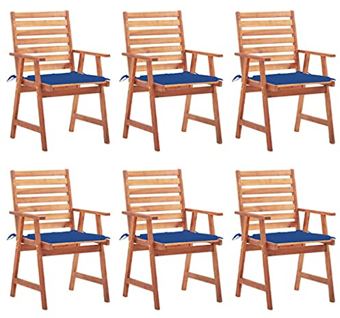 Bucmath Garten-Essstühle 6er Set mit Kissen, Massivholz Akazie, 56x62x92 cm, wetterfest für Terrasse, Balkon und Outdoor-Bereich, Königsblau, Bequeme Sitzpolster