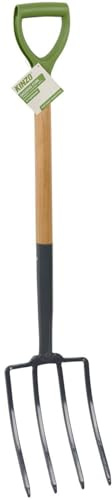 Fourche à Bêcher Jardin 4 Dents Acier KINZO - Manche Bois 105cm & Poignée Ergonomique - Outil Jardinage Sols Durs & Aération