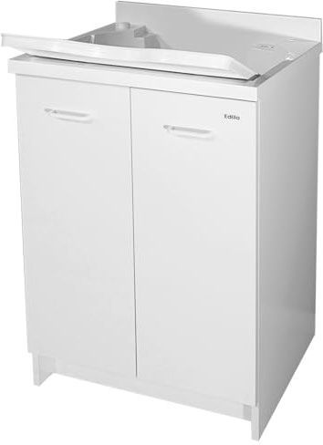 Lavatoio 60x60 Bianco in Termoplastica Lucida, Made in Italy - Mobile Lavapanni con Maniglia Bianca Asse in Termoplastico e Fondo in Alluminio - Arredo Lavanderia Interno Già Montato - Design Moderno