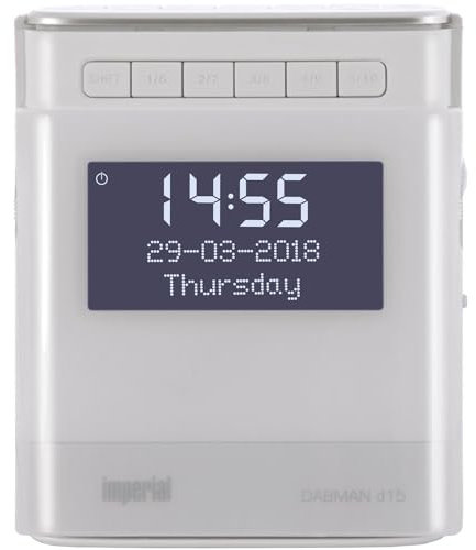 Imperial Dabman d15 Radio/Réveil numérique - Dab+ - UKW - RDS - 2heures d’Alarme - Mise en Veille programmable - Snooze - 2 Watt - Écran de 8 cm à intensité Variable Blanc.