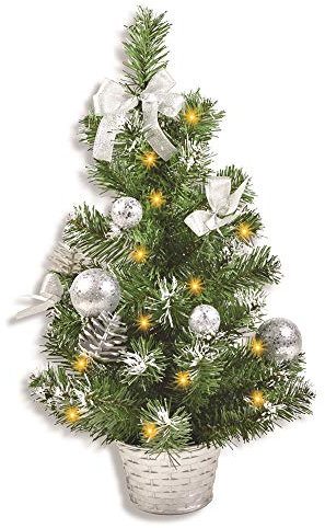 RIFFELMACHER & WEINBERGER Riffelmacher 20258 Geschmückter Weihnachtsbaum, beleuchteter 50 cm großer silberner Weihnachtsbaum mit Lichterketten, Schleifen, Christbaumkugeln