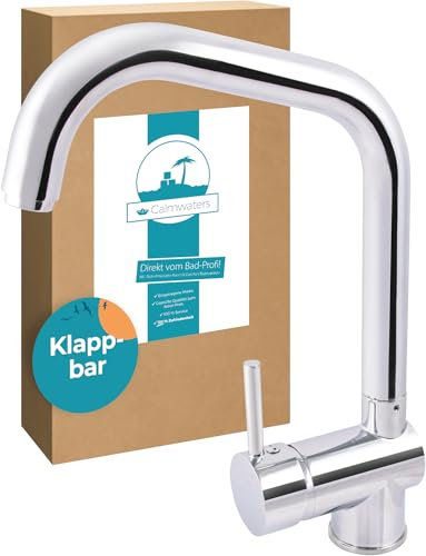 Calmwaters Wasserhahn Küche schwenkbar, Vorfenster Küchenarmatur klappbar, Hochdruckarmatur für Unterfenstermontage, Einhebel Amatur Küchenspüle 360° drehbar, Mischbatterie aus Messing, Chrom