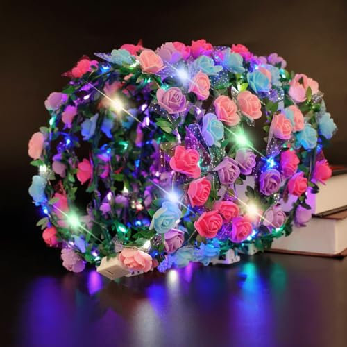 Danolt 10 Stück LED Blumenkranz Haare Festival Zubehör Accessoires, Hippie Deko, Haarband Blumen Kopfschmuck Haarschmuck, Festivals Junggesellenabschied Frauen Geburtstag Party Hochzeit Dekor