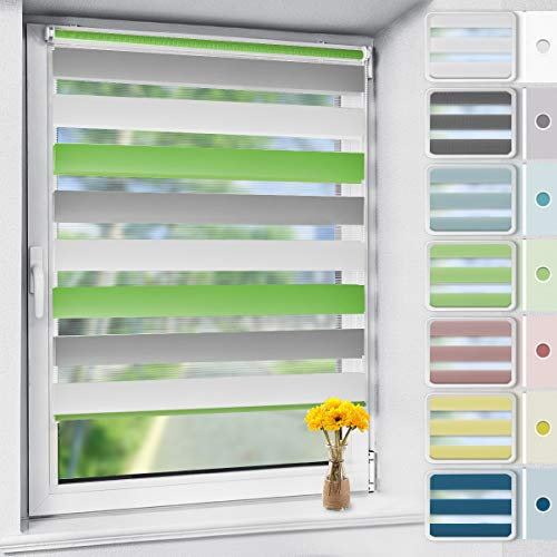 Vkele Doppelrollo Klemmfix ohne Bohren, 90x200cm(BxH) Grün-grau-weiß, Duo Rollo Zebrarollo Fensterrollo für Fenster und Tür, Lichtdurchlässig Verdunkelnd, Seitenzugrollo Sonnenschutz Sichtschutz
