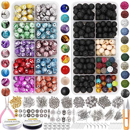 EuTengHao 1145-teiliges Lava-Perlen-Stein-Set mit 8 mm Chakra-Perlen, Natursteinperlen und Abstandhalter-Perlen, Armband, elastische Schnur für diffuse ätherische Öle, für Erwachsene