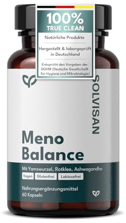 SOLVISAN MENO BALANCE - Hochdosierte Yamswurzel, Rotklee Salbei und Mönchspfeffer - NEU und optimiert mit Ashwagandha - 60 Wechseljahre Kapseln (1 Monat)