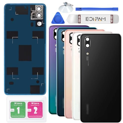 Eonpam Akkudeckel für Huawei P20 Rückseite Glas Original Backcover Back Glas Ersatz Reparatur Set mit Kameraobjektiv (Schwarz)