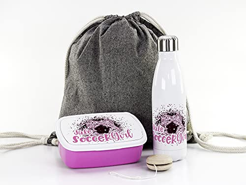 GRAZDesign Einschulung Geschenk Set Mädchen, Fussball Sportbeutel, Brotdose + Thermo Trinkflasche 500ml personalisiert mit Namen, Edelstahl, Wasserflasche mit Lunchbox