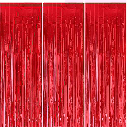 3Pcs 1m*2m Christmas Red Foil Curtains - Metallic Tinsel Party Shimmer Curtains with Fringe, for Xmas Party Photo Backdrop