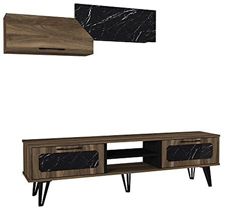 moebel17 6399 Lampert Wohnwand Anbauwand Schrankwand Mediawand, Walnuss Braun, Marmoroptik, mit Hängeregal, modern, Designer Stück für Wohnzimmer, viel Stauraum, 180 x 51 x 35 cm