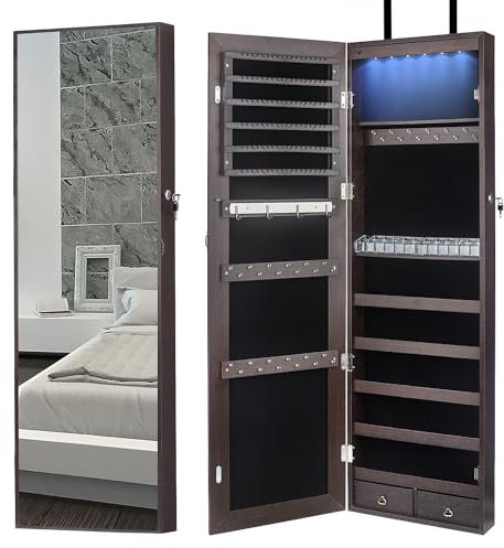 Mokata Armario de joyería de 47 pulgadas de alto, organizador de almacenamiento con espejo de longitud completa con luz LED, para colgar en la pared/puerta con cerradura para maquillaje de dormitorio,