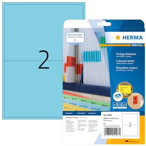 HERMA 4498 Farbige Etiketten blau ablösbar, 640 Blatt, 199,6 x 143,5 mm, 2 pro A4 Bogen, 1280 Stück, selbstklebend, bedruckbar, matt, blanko Papier Farbetiketten Aufkleber