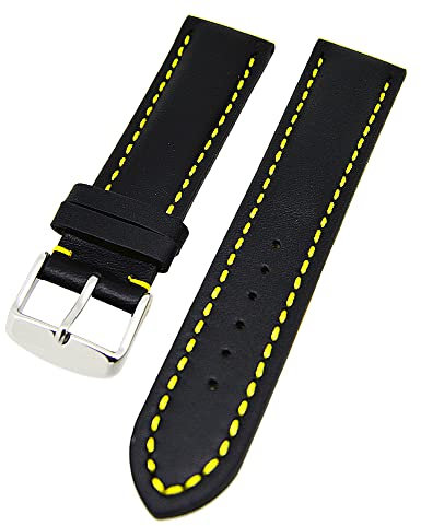 Uhrenarmband Glattleder gepolstert Farben und Stegbreiten wählbar (Schwarz mit gelber Naht, 22mm)