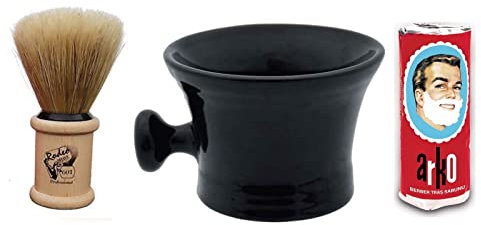 Shaving Set of Black Ceramic Shaving Mug, Small Wooden Handled Rodeo Brush & Arko Shaving shave Cream Soap 75g