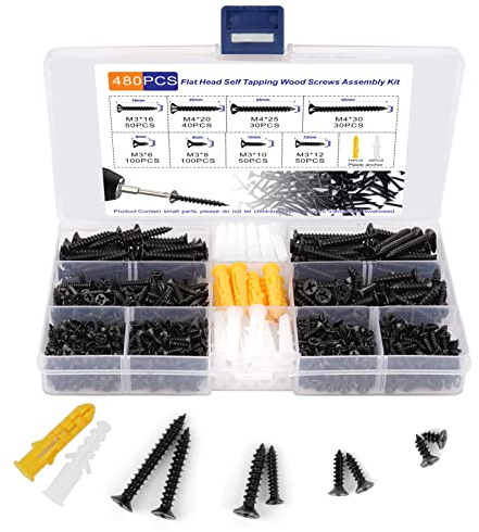 480Pcs M3&M4 Black Wood Screws Assortment Kit, Flat Head Small Screw Set