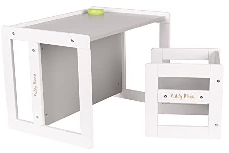 KiddyMoon Kindertisch Mit Stuhl Sitzgruppe Kindermöbel Tisch Stuhl Bank Aus Holz, Weiß/Grau