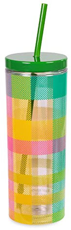 Kate Spade New York Vaso acrílico con tapa y popote, vaso de 20 onzas, vaso delgado de doble pared, diseño a cuadros de jardín