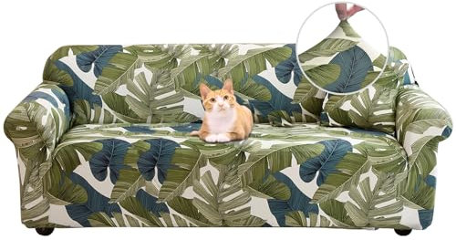 Jaotto Sofabezug 3 Sitzer Elastischer Stretch Spandex Sofa Überwürfe Sofahusse Antirutsch Waschbar Sofaschoner Couchbezug für Sofa mit Armlehne,Grüne Blätter