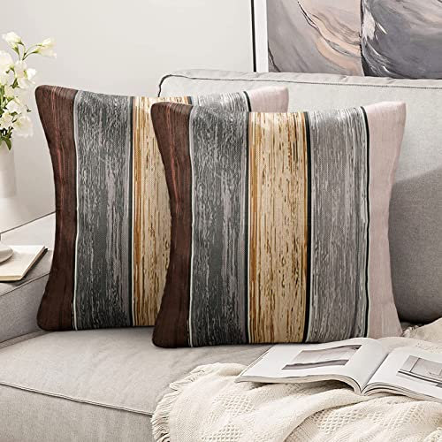 Cojines Sofa Lino 50x50 Gris Marrón Funda de Almohada Fundas de Cojin Modernos Raya de Madera Cuadrada Cojín Retro para Sofá Cama de Coche Sala de Estar Decoración del Hogar Juego de 2