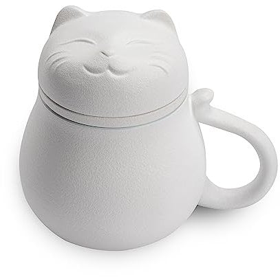 Hanbosym Ceramic Tea Cup with Tea Strainer and Lid (13.5 oz), Tea Mug with Cute Cat Design, Filter for Soaking Loose Leaf, Gift for Holiday, Birthday, Warm House (White)
