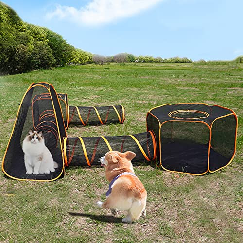 Katzenzelt mit Tunnel – Tragbares Outdoor-Gehäuse für Kätzchen, Welpen und kleine Haustiere – Pop-Up-Laufgitter mit Mesh-Visual-Haus – Faltbare Haustier-Spielzelte für sicheren Spaß und Erholung!