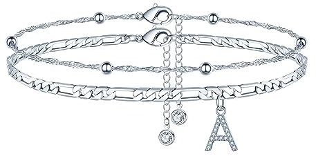 TINGN Fussketten für frauen, Silber Fußkettchen für Damen Fußkettchen mit Buchstaben A Doppelte Fußkette Verstellbar Geschenk für Sommer Tochter Freund Schwester Geschenk