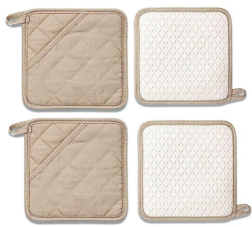 ZORR Topflappen aus Silikon, 18CM, Hitzebestaendige Topflappen Schutzlappen für die Küche (Beige 4er Set)