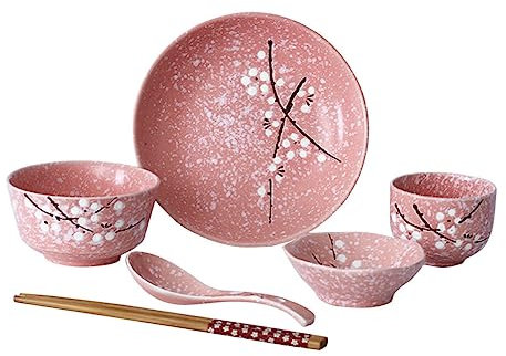SHERCHPRY 6pcs Glass Plates and Bowls Wood Chopsticks Flower Rice Bowls Ceramic Dinnerware Kit Soup Asian Bowls Chinese Decor Ceramic Tableware for Home Dining Table Individual Supplies