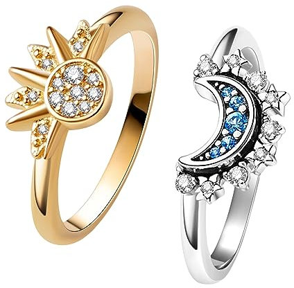 UNE DOUCE Celestial Sun and Moon Ring Set, Sparkling Sun Ring/Blue Moon Ring with 14k Gold/Silver Plating, Friendship Promise Ring, Stackable Celestial Rings, Gift for Women, Messing, Zirkonia