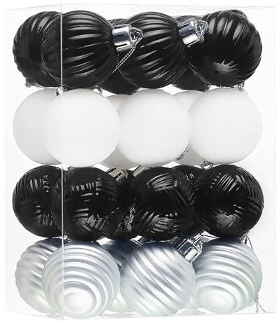 Valery Madelyn Weihnachtsschmuck-Set, 24 Karat schwarz und weiß, bruchsicher, Christbaumschmuck, Kugel, Ornamente, Bulk, 3,8 cm, hängende Ornamente für Weihnachtsbäume, Urlaubsdekoration