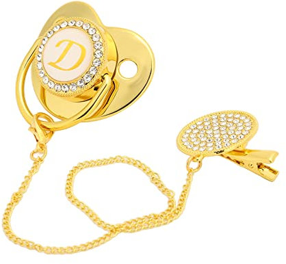Goldener Baby-Schnuller, Geschwungenes Design, A Bis Z, Alphabet, 26 Buchstaben, Sichere Materialien, Gesunder Bling-Baby-Schnuller mit Clips, Entwöhnungsartefakt für Babys Im (Buchstabe D)