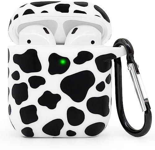 Mouzor Niedliche Airpods Hülle, Kuh Aufdruck, Airpods 2 Hülle, Kuh Muster, lustige Cartoon Tiere, weiches Silikon, stoßfeste Ladehülle mit Karabiner für Airpods 1 Generation, Airpods 2 Generation