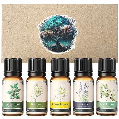 Calmer Solutions 5 Pack Essential Oils Gift Set - Aromatherapy Grade Starter Kit for Beginners - Peppermint, Tea Tree, Lemon, Lavender, Eucalyptus - Diffusers for Home or Professional Usee