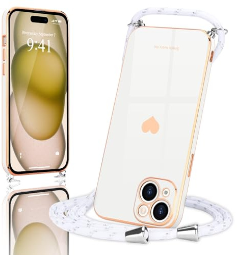 Wirvyuer Coque avec Cordon pour iPhone 15 Plus Silicone Motif Coeur, Blanc | Coque Ultra Mince Silicone Souple, Étui en Motif Coeur avec Chaîne, Collier Réglable, Téléphone Portable Lanyard Case