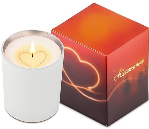 HERZWÄRMER Kerze mit Herzeinlage in Weißem Becher als Geschenk verpackt, Kerze im reflektierenden verspiegelten Glasbecher, kleines Geschenk mit besonderem Wärmegefühl zum Valentinstag