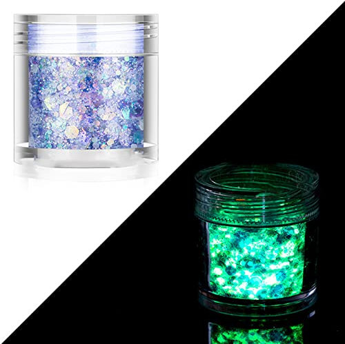caoxhenr Holografischer Glitzer, leuchtet im Dunkeln, für Tumbler, Kunstharz, Schleim, Epoxid, Grobe Pailletten, Nagelkunst, 1/12 Box