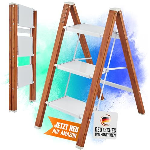DESLAD Trittleiter 3 Stufen klappbar [Aluminium] Holzoptik Weiss Design leicht bis 150kg | für Haushalt Garten und Camping | Tritthocker Klapphocker