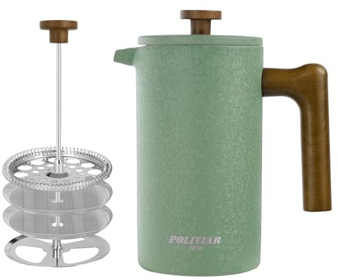 Poliviar Cafetière à piston en acier inoxydable - Double paroi isolée - 1 l - Filtre à main - Avec plunger et poignée en bois - Vert