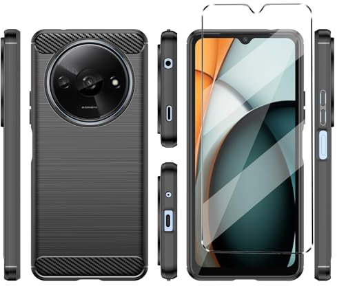 Cover Compatible with Xiaomi Redmi A3 Case with 1 Pack Tempered Glass Screen Protector Phone Case for Xiaomi Redmi A3,Soft TPU Slim Fit Shockproof Anti-Scratch Phone Cover-black