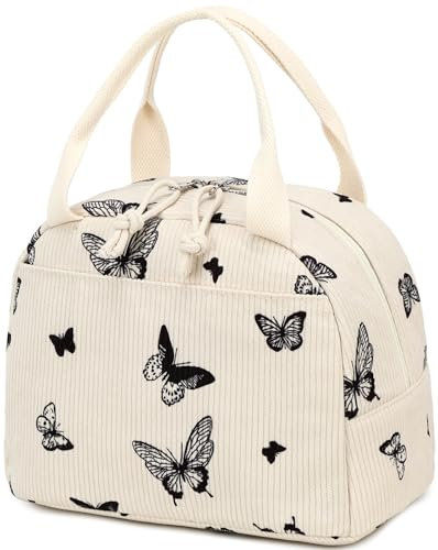 LEDAOU Caja de Almuerzo Aislada para Mujeres - Bolsa Reutilizable de Pana a Prueba de Fugas - Refrigerador Térmico de Gran Capacidad (Pana Mariposa)
