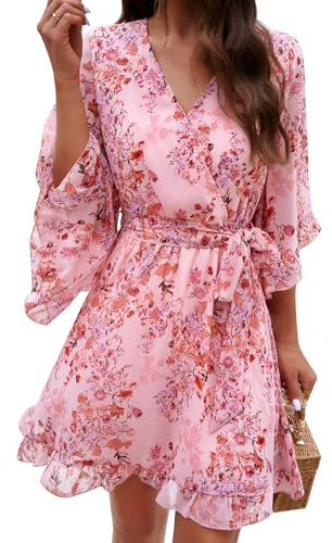 Odizli Sommerkleid Damen Kurz Elegant Frühling Sommer V-Ausschnitt Kleid Wickelkleid Chiffonkleid Blumenkleid Minikleid Frühlingskleid Festlich Hochzeit Hochzeitsgast Cocktailkleid Partykleid Rosa L