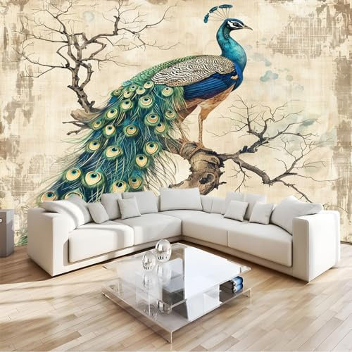 Vlies Fototapete Tierischer Pfau Im Chinesischen Stil Wasserfall für moderne Wohnzimmer Schlafzimmer Motivtapeten Wandtapete Tapete Vliestapete UV-Beständig Hohe Auflösung (400 x 280 cm)